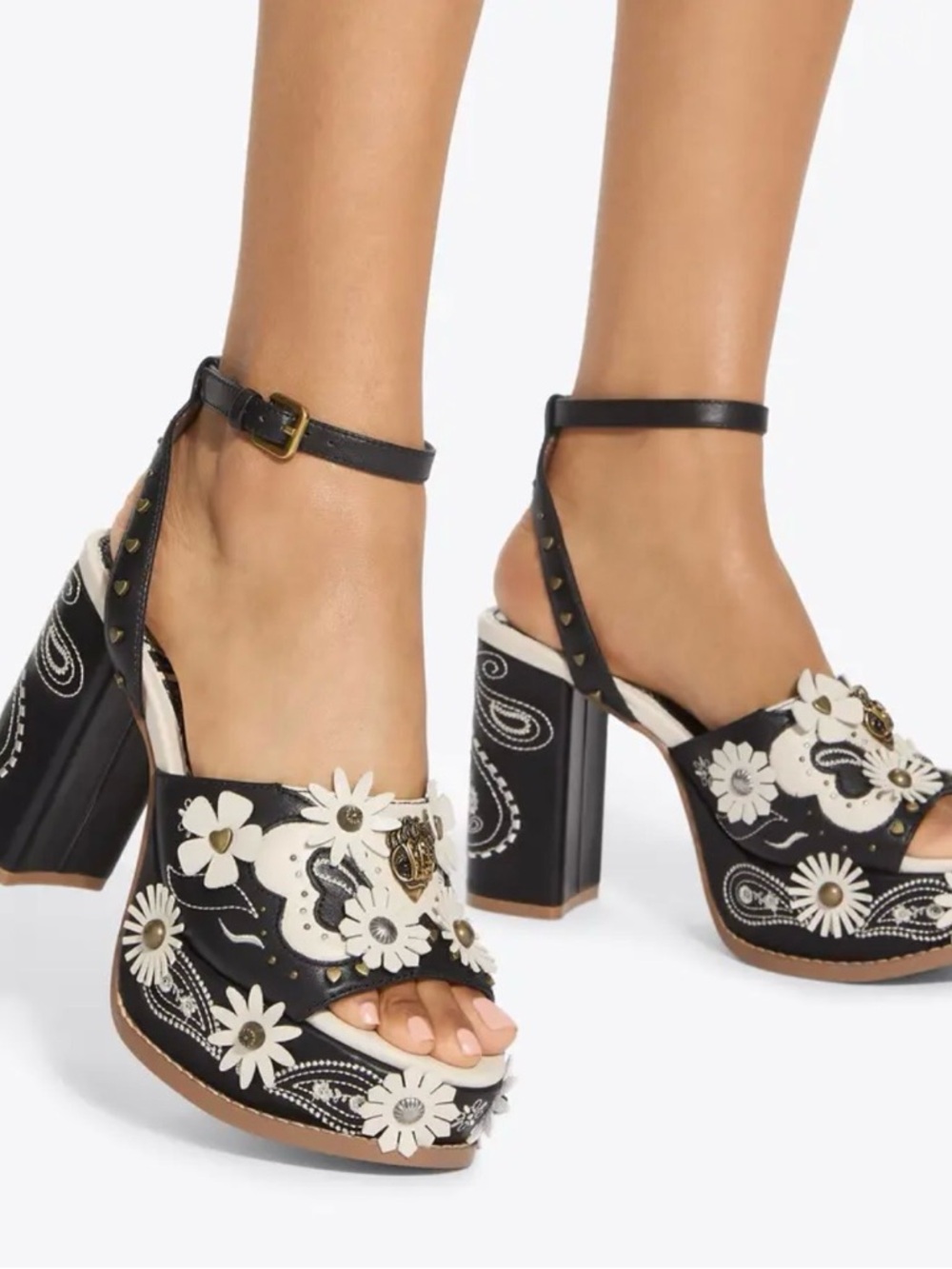 Kurt Geiger Black & White Floral Platform Sandals with Ankle Strap
